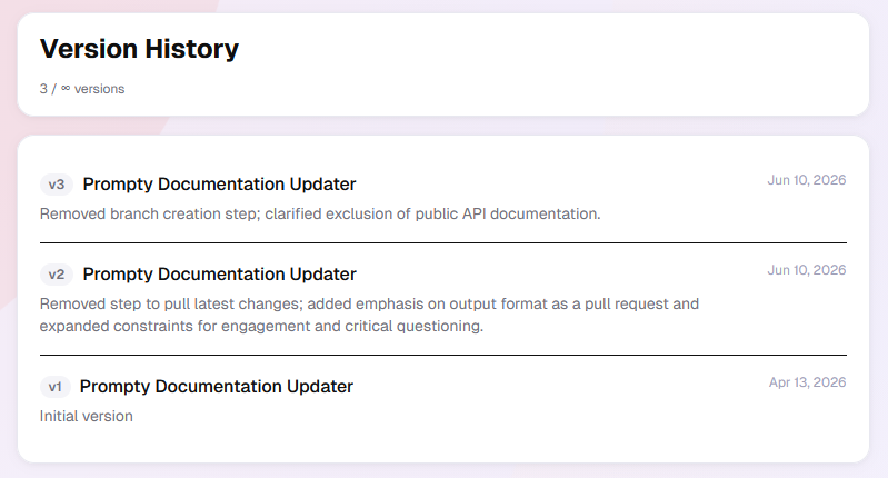 Screenshot of how version history looks on Prompty.tools